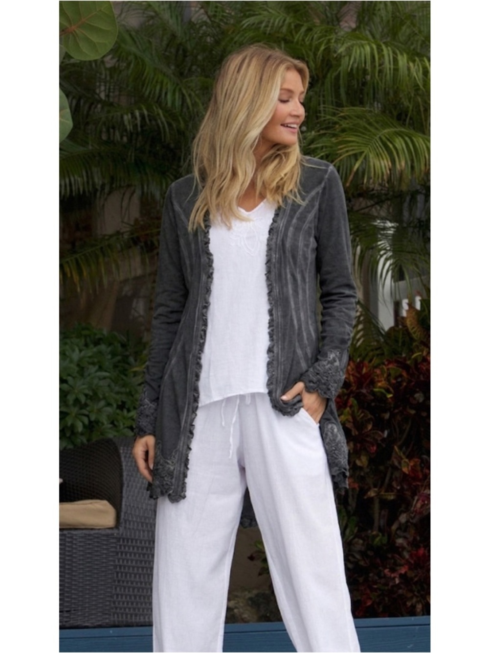 Gretty Zueger Cotton Lycra Lace Duster Longline Cardigan Size S in Gray